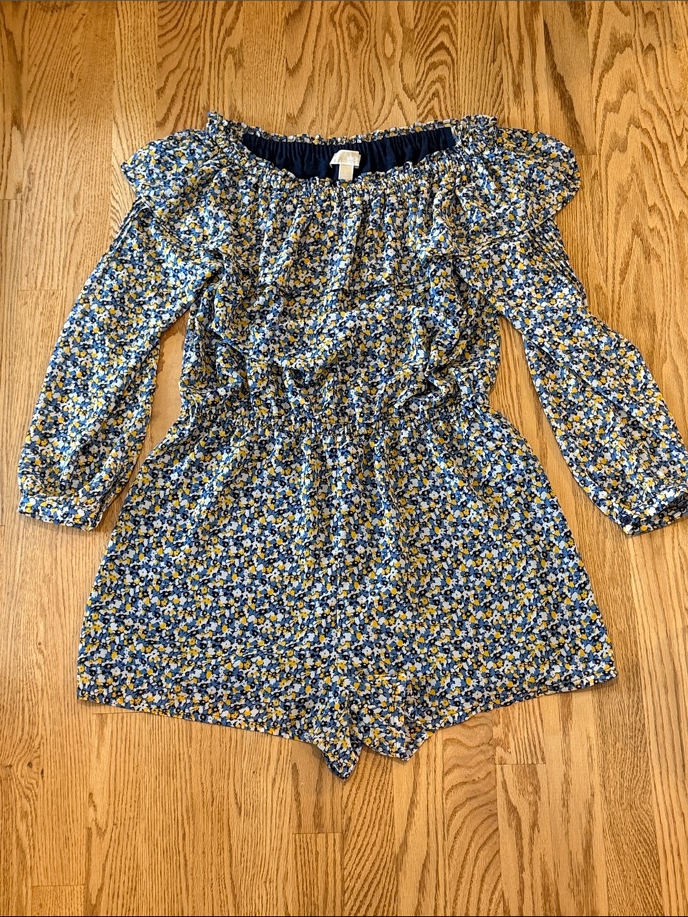 Michael Kors Navy Floral Off-Shoulder Romper with Yellow Accents